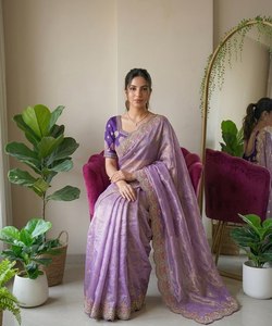 <b>Purple</b> Silk <b>Saree</b> Embroidered Floral Traditional Wedding Sari for Women Party Dress - Product Image 2