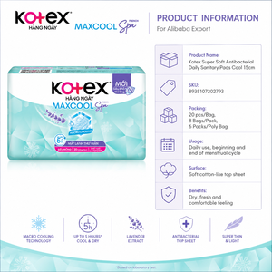 Kotex Super Soft Antibacterial Daily Sanitary <b>Pads</b> <b>Cool</b> 15cm - 20pcs/Bag | 32286 Super Smooth Antibacterial Protection - Product Image 3
