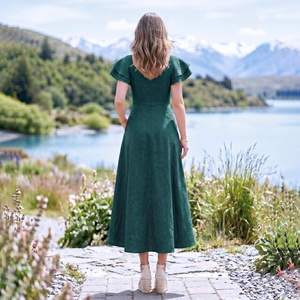 Handmade 100% Cotton Bell Sleeve V-neck Midi <b>Dress</b> High Waist A-Line Bow Breathable <b>Vintage</b> <b>Summer</b> Daily Minimalist Loose Fit - Product Image 2