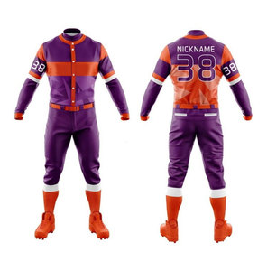 Conjunto de Uniforme de Béisbol Sublimado Personalizable para Hombre, Manga Larga, Cuello Mao, Estampado Geométrico Morado y Naranja, Absorbe la Humedad - Product Image 1
