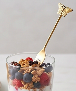 Cuillère à salade et fourchette à dessert à long manche, en métal fantaisie, avec manche papillon plaqué or, finition miroir, pour la cuisine - Product Image 5