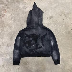 High Quality No <b>Strings</b> Men Custom Distressed Embroidered Patch Hoodie Vintage Acid Washed Full Rhinestones Heavyweight Hoodie - Product Image 2