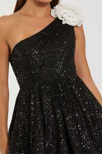 Robe de soirée asymétrique mi-mollet brodée de sequins avec décoration florale blanche, taille naturelle, respirante - Product Image 6