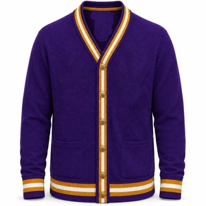 University <b>Mens</b> custom wholesale Knitted <b>Cardigan</b> Sweater Purple Gold White Varsity V-Neck OEM Striped Trim college style - Product Image 1