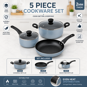 Juego de Utensilios de Cocina de Aluminio Antiadherente de 5 Piezas con Tapa de Vidrio |   Juego de cocina compatible con inducción que incluye cacerola, sartén y olla para salsas - Product Image 6