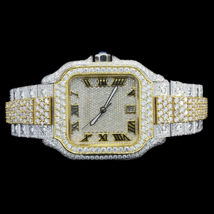 นาฬิกาพรีเมียมประดับเพชรโมอิสซาไนต์ทรงกลม ดีไซน์ฮิปฮอป ตัวเรือนทรงเหลี่ยม ตัวเลขโรมัน คลาสสิก สองสี ประดับเพชรเต็มเรือน - Product Image 4