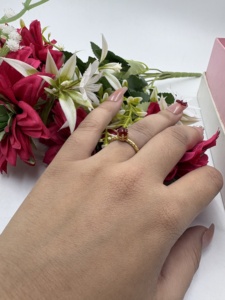 Bague en onyx rouge rond plaqué or, délicate, faite à la main, avec pierre précieuse, réglable, pour femme - Product Image 5