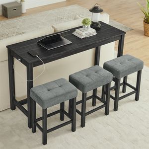 Mesa de Bar con Tomacorrientes de 59 Pulgadas, 3 Taburetes Tapizados, Juego de Mesa y Sillas de Comedor de 4 Piezas para Sala de Estar, Muebles para Oficina en Casa - Product Image 4