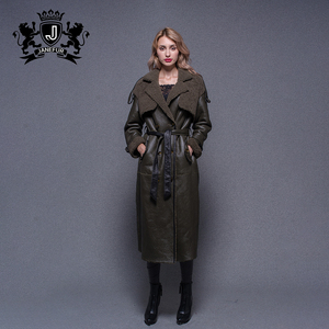 JANEFUR Women's Long Leather Trench <b>Coat</b> Turn-down Collar Faux Fur Lining Winter Moto Biker Style Slim Fit - Product Image 4