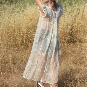 Vestido Casual de Verano con Mangas Abullonadas Blancas y Bordado, Corte en A, Largo Midi, Patrón Geométrico, Tejido de Algodón Transpirable y Ecológico - Product Image 1