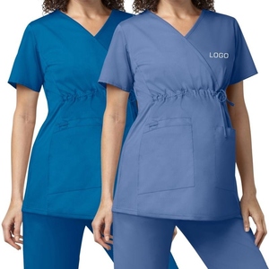 Tops de travail pour femmes à col en V avec cordon de serrage à la taille, bleu, mélange polyester-coton, uniformes d'hôpital pour infirmières - Product Image 2