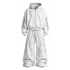 Survêtement unisexe streetwear à capuche avec fermeture éclair, imprimé crâne, en coton, coupe ample, pour l'automne, avec poches latérales - Product Image 2