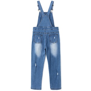 Salopette unisexe en jean, longueur intégrale, couleur unie, taille mi-haute, coupe droite, bretelles réglables, fermeture boutonnée, poches plaquées, coton délavé - Product Image 4