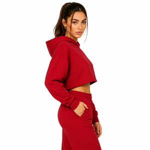 Women <b>Red</b> Cropped Hoodie <b>Long</b> <b>Sleeve</b> Printed Knitted Fleece Casual Winter Spring Autumn Wear Short Quick Dry <b>Crop</b> <b>Top</b> Best - Product Image 3