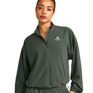 Green <b>Womens</b> Polyester Windbreaker <b>Jacket</b> Custom Logo Letter Print Full Zip High Neck <b>Lightweight</b> Outdoor Streetwear OEM Apparel - Product Image 1