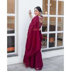 Sari indien en mousseline de Banarasi avec broderies de sequins, couleur bordeaux, pour mariages, Diwali, fêtes, collection de luxe ethnique pour femmes - Product Image 4