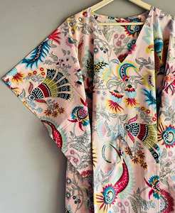 Robe Kaftan Élégante Vintage Coupe A-Line Ample Longueur Genou en Coton pour Femme, Manches 3/4, Col en V, Imprimé Floral, Dentelle Respirante - Product Image 2