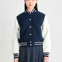 Veste universitaire bleu marine pour femme, en viscose tricotée, couleur unie, style preppy, col montant, manches courtes, coupe classique, pour l'automne