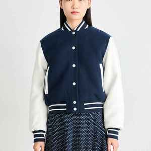 Women's Navy Blue Varsity <b>Jacket</b> Knitted Viscose Solid Color Preppy Style Stand Collar <b>Short</b> <b>Sleeve</b> Regular Fit Autumn Wear - Product Image 1