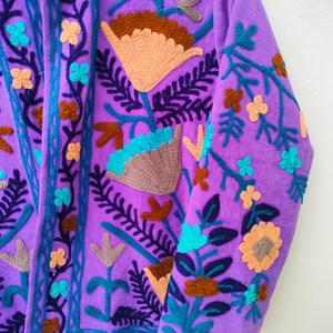 Handcrafted <b>Purple</b> Woolen Velvet Jacket Kashmiri Aari Embroidery Bohemian Winter <b>Cardigan</b> Coat Short Blazer Festival Wear - Product Image 4