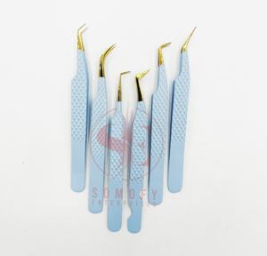 Pince à épiler professionnelle en acier inoxydable pour extensions de cils, modèle à pointe en fibre bleu bébé doré, applicateur, marque privée, best-seller - Product Image 1