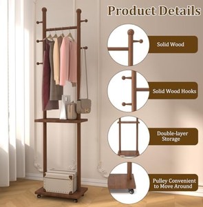 Porte-manteau sur pied en bois massif avec étagères ouvertes et rangement à roulettes pour chambre et entrée - Product Image 5