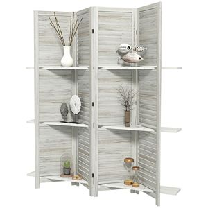 4-Panel 67\" Tall Distressed White Wood Privacy <b>Screen</b> Room Divider 3 Shelves <b>Folding</b> Storage for Bedroom Traditional Design - Product Image 1