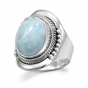 925 Sterling <b>Silver</b> Oval Blue Larimar Gemstone Handmade Boho <b>Statement</b> <b>Ring</b> Rose Gold & Yellow Gold Plated Luxury Jewelry - Product Image 1