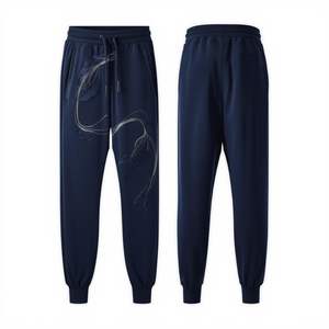 New Arrival Premium <b>Navy</b> Blue Embroidered French Terry <b>Jogger</b> Pants Heavyweight Cotton Casual Bottom Wear - Product Image 1