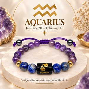 Bracelet en cristal premium du zodiaque Aquarius avec perles d'améthyste, étiquette en cuivre gravée d'un symbole sanskrit - Cadeau souvenir - Product Image 4