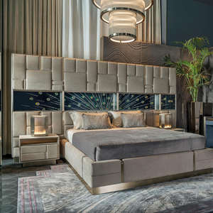 Cama King Size California de Madera de Teca Sólida Moderna y Lujosa con Cabecera Tapizada y 2 Mesitas de Noche, Juego de Dormitorio - Product Image 5