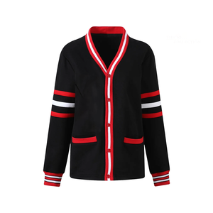 Custom Demand DST <b>Red</b> & Black Contrast <b>Women</b> Fleece <b>Cardigan</b> Long Sleeve V- Neck Wholesale Manufacturer Collegiate <b>Cardigan</b> - Product Image 1