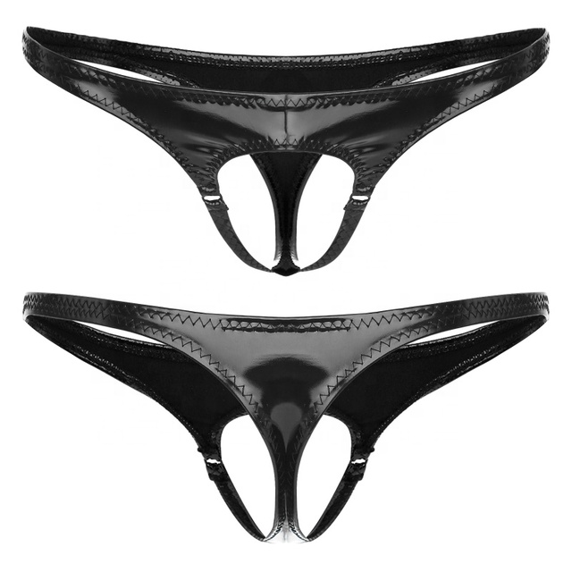 Mens Sexy Front Thong Wet Look Patent Leather G-String Underwear Low Rise Elastic Waistband T-Back Underpants for Date Night