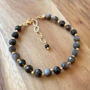 Natural Round Black ObsedianGemstone Jewelry Accessory Crystal Stone Beaded Bracelets for Women <b>Men</b> in 925 Silver Gold Plated - Product Image 1