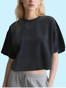 Camiseta Corta de Manga Corta para Mujer, Estilo Lavado, Holgada, Tejida, 100% Algodón Ecológico - Product Image 2