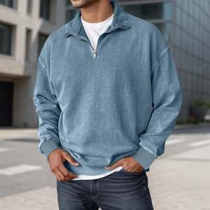 Plain 1/4 zipper closure Collar Men's Sweatshirt <b>Acid</b> Washed Long Sleeve Oversized <b>Drop</b> Shoulder Casual Pullover Top Pullover - Product Image 3