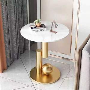 Mesa Auxiliar Redonda Contemporánea de Mármol con Marco de Metal Dorado, Mesa de Acento de Lujo para Sala de Estar o Dormitorio - Product Image 3
