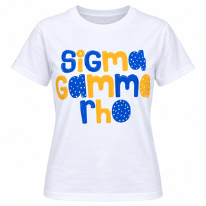 Camiseta Blanca Sigma Gamma Rho con Estampado Gráfico Azul y Dorado, Cuello Redondo, Manga Corta, Prenda Casual Clásica de la Hermandad Griega - Product Image 3