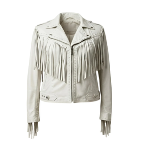 men Light Gray Leather <b>Jacket</b> With <b>Fringe</b> Tassel Details Turn-down Collar Zipper Closure Moto Biker Style Autumn Wear - Product Image 3
