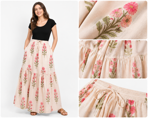 Ensemble jupe longue évasée à volants et haut en coton décontracté pour femme, motif floral, de haute qualité, écologique, style bohème, deux pièces, tenue de détente - Product Image 6
