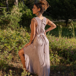 ชุดเดรสโบฮีเมียนผ้าฝ้ายดิบทรงเอไลน์เปิดหลังสไตล์เอิร์ธโทนสำหรับผู้หญิง เหมาะสำหรับงานเทศกาลฤดูร้อน - Product Image 1