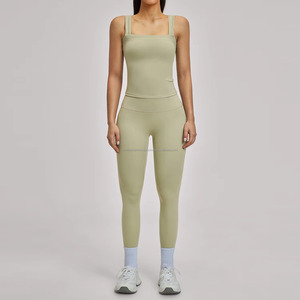 FONILBEST Women's 2 Piece Yoga <b>Set</b> <b>Square</b> Neck Spaghetti Strap High Waist Full Length Solid Color Activewear - Product Image 5