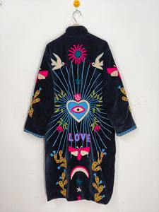 เสื้อคลุมกิโมโนกำมะหยี่ปักลายสีดำ งานแฮนด์เมด แจ็คเก็ตตัวยาวสไตล์โบโฮ เสื้อคลุมสำหรับออกงาน ใส่ในเทศกาล ฤดูร้อน ผ้าฝ้าย 100% - Product Image 6
