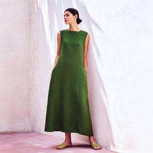 Robe midi vintage 100% coton, coupe évasée, taille haute, manches cloche, col en V, respirante, pour femmes, avec poches latérales, printemps été, grandes tailles - Product Image 1
