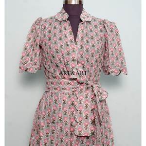 Robe élégante en coton pour femme, style bohème, faite à la main, vintage, tenue d'été florale, tenue de jour, manches courtes, mi-longue, douce, naturelle, décontractée - Product Image 4