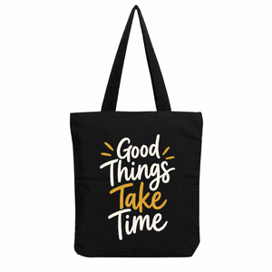 Les bonnes choses prennent du temps, sac fourre-tout en toile personnalisé avec fermeture éclair imprimée, pour le shopping, les voyages, réutilisable, toutes saisons, style minimaliste - Product Image 1