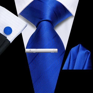 Conjunto de corbata de seda azul clásico con gemelos, pañuelo de bolsillo y pasador de corbata, diseño geométrico, tejido jacquard, accesorio de negocios - Product Image 2