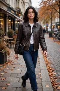 <b>Women's</b> <b>Brown</b> Genuine <b>Leather</b> Eco-Friendly Winter Moto <b>Jacket</b> Turn-down Collar Single Button Closure Long Sleeve Short - Product Image 4
