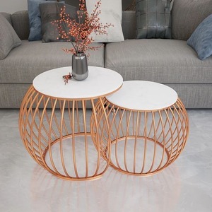 Metal With Marble Coffee <b>Table</b> Set of Two Nesting <b>Tables</b>: <b>Round</b> Wooden Top with Marble Finish for Living Room and Office-<b>White</b> G - Product Image 2