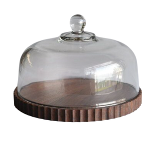 Support à gâteau rond en verre avec base en bois, forme hémisphérique, réutilisable, présentoir à dessert, fait main, en solde - Product Image 5